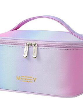 Gradient Travel Makeup Bag for Women, PU Leather Cosmetic Bag, Rainbow Pink
